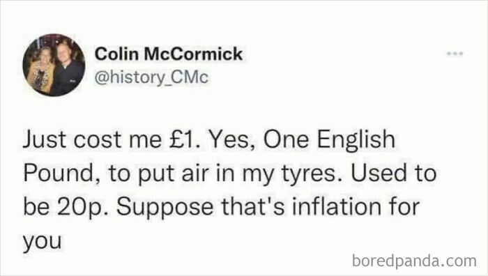 Screenshot of a humorous post about the cost of inflating tyres, showcasing Scottish people’s hilarious internet humor.