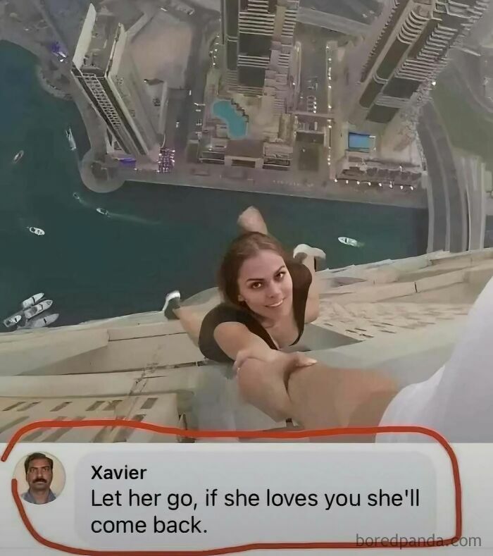 Woman hanging from skyscraper ledge holding a hand with a funny meme about love from Laughgorithm memes collection.