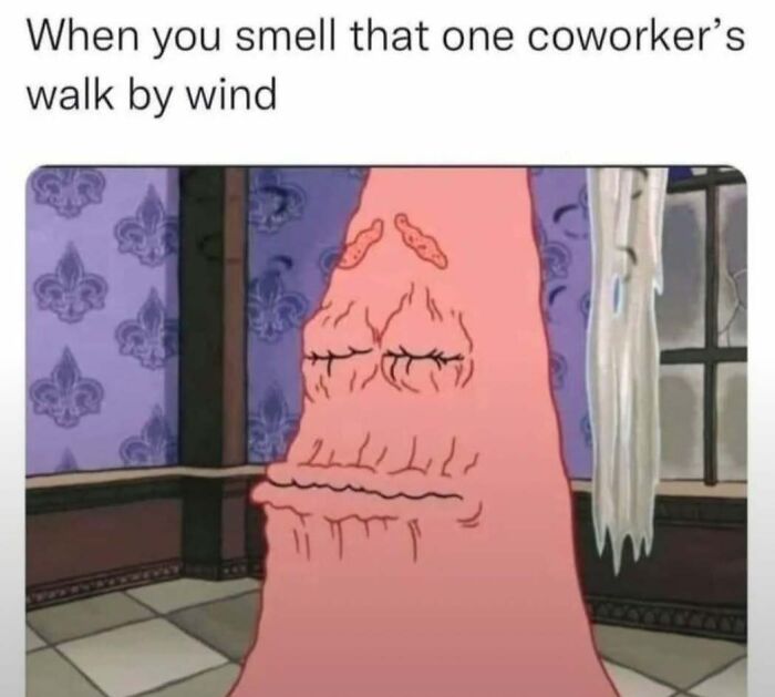 Cartoon character with a disgusted face smelling a coworker's passing scent, perfect meme from Laughgorithm collection.