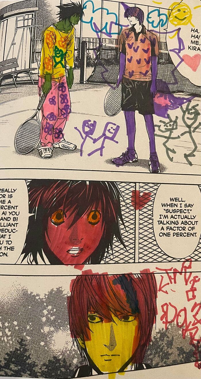 Anime characters with colorful graffiti and drawings on a tennis court, showing family infuriation scenes shared online.