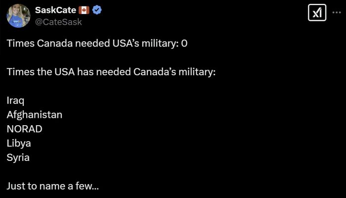 Screenshot of a tweet roasting America about needing Canada’s military in conflicts like Iraq and Afghanistan, showcasing Canada roast America.