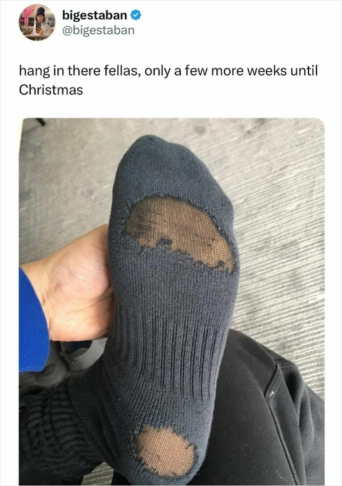 Worn-out sock with large holes on toe and heel, shared in a humorous Scottish internet post.