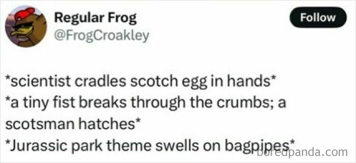 Tweet humor about a Scotsman hatching from a scotch egg with Jurassic Park bagpipes, highlighting funny Scottish posts online.