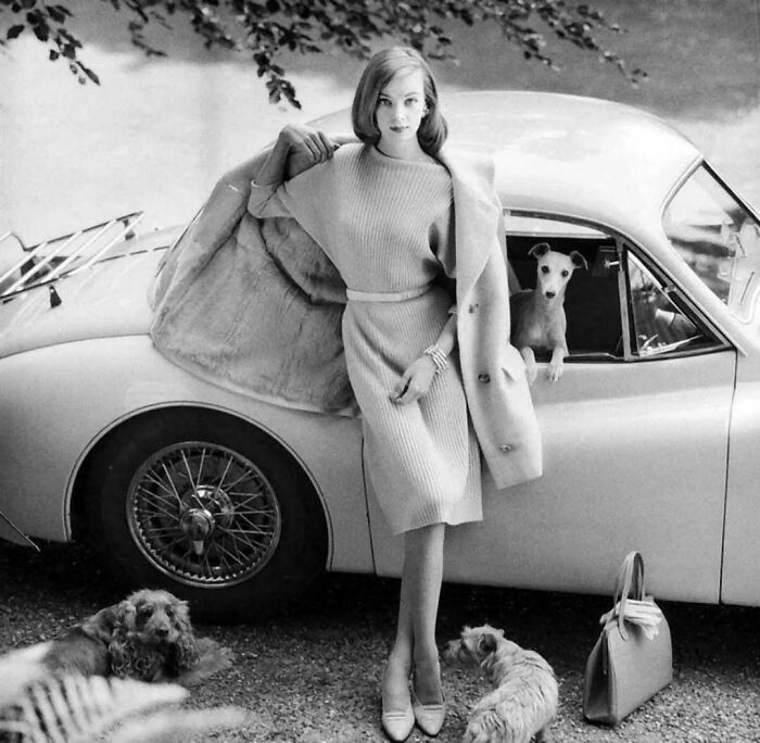 Woman in vintage dress posing by classic car with dogs, a unique historical photo capturing a stylish moment.