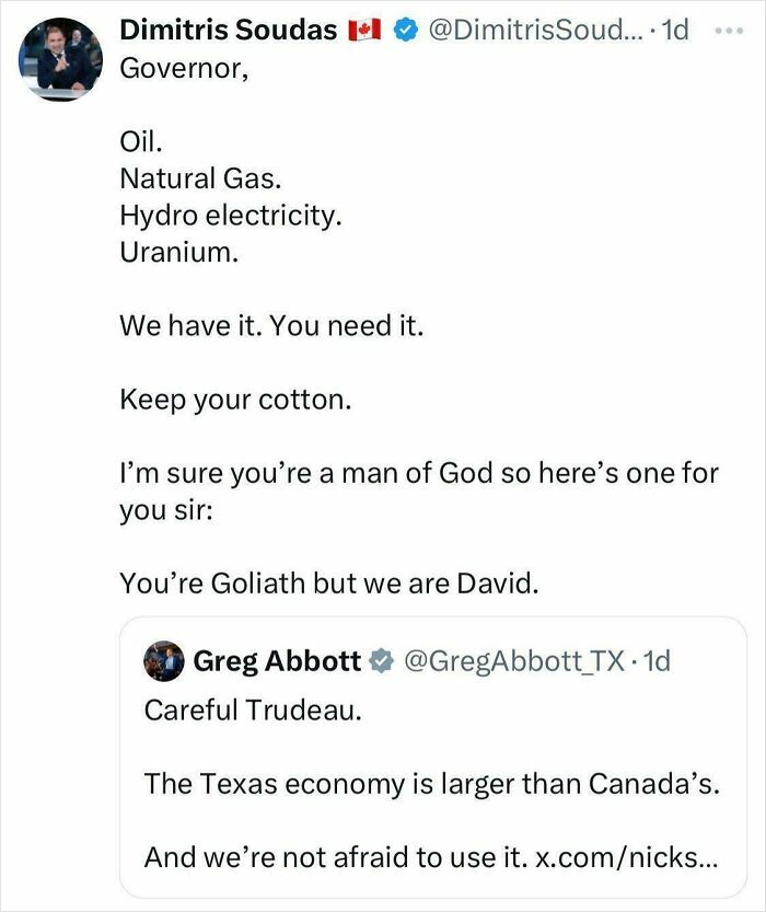 Tweet exchange showing Canada roasting America with resource pride and witty David vs Goliath comparison for Canada America roast humor.