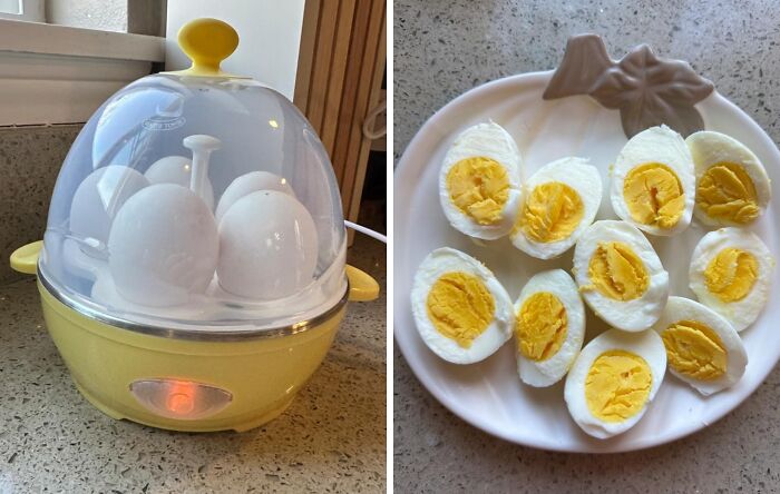 Electric egg cooker steaming eggs and a plate with peeled, halved hard-boiled eggs as new kitchen finds.