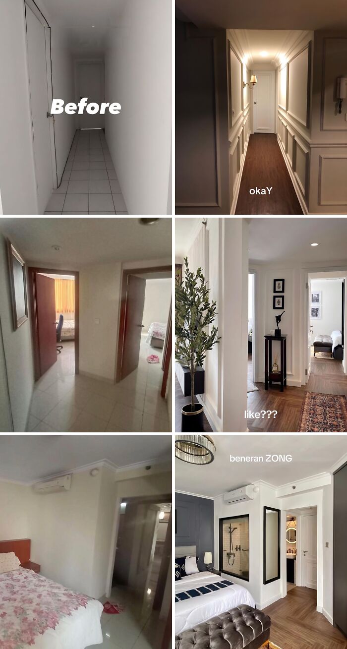 Before and after home renovations showcasing hallways and bedrooms transformed with stylish decor and flooring updates.