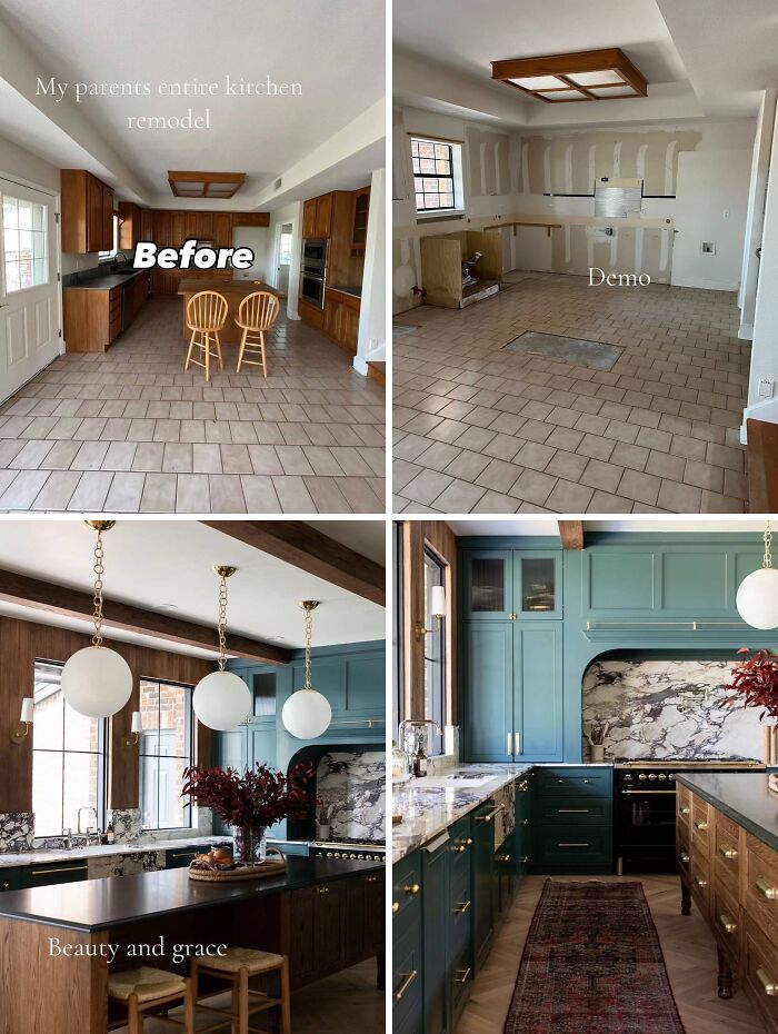 Before and after home renovation photos showing a kitchen remodel transformation with modern design and stylish finishes.