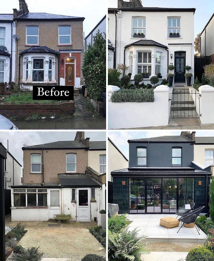 Before and after home renovation photos showing dramatic improvements in exterior design and landscaping for a residential property.