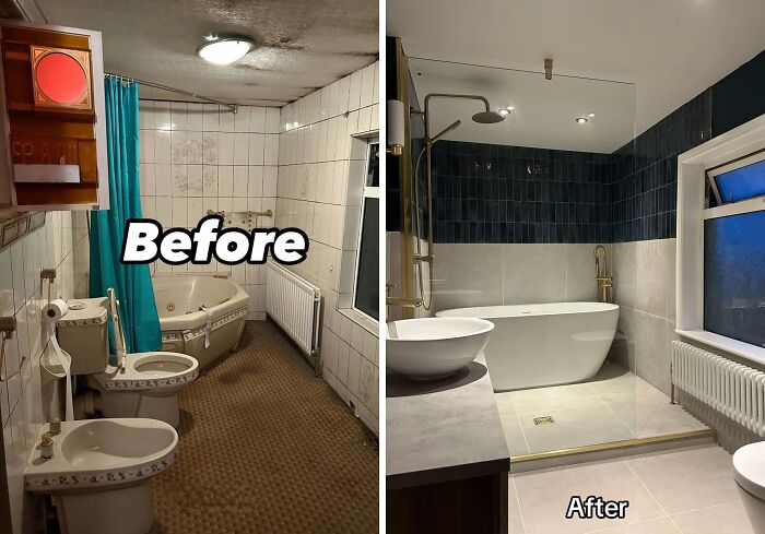 Bathroom renovation before and after showing a modern home renovation with sleek fixtures and updated design