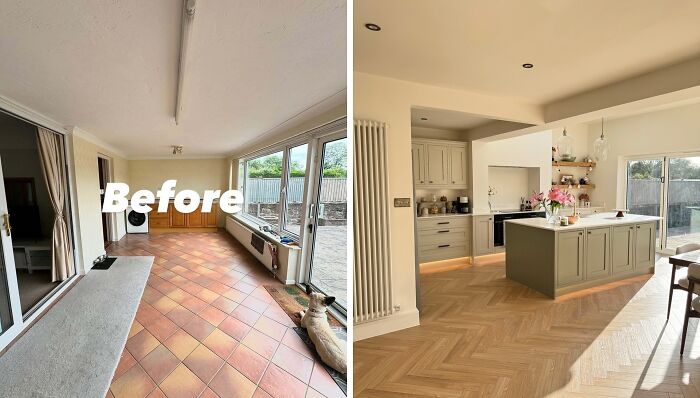 Before and after home renovation showing a transformed kitchen with modern design and stylish flooring.