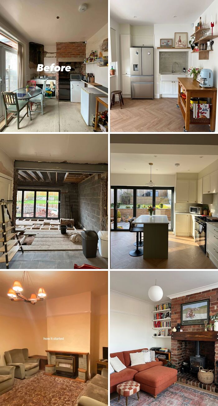 Before and after home renovation photos showcasing impressive transformations in kitchen and living room spaces.