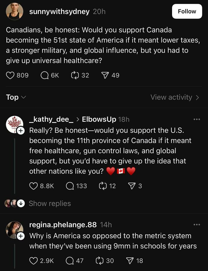 Screenshot of a social media post showing Canadians humorously debating US becoming a Canadian province healthcare and policies.