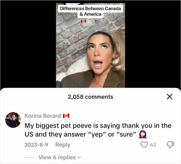 Young woman reacting to differences between Canada and America in a humorous video about Canada roasted America.