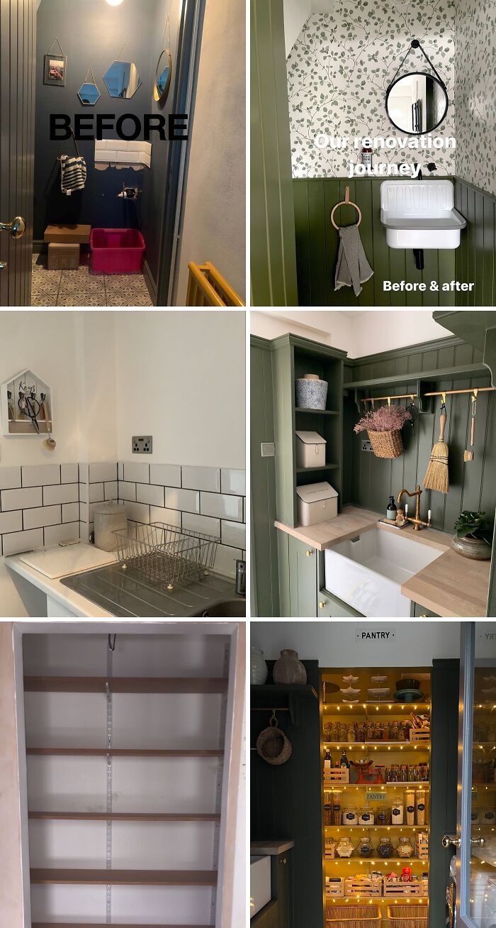 Before and after home renovation showing stylish kitchen, pantry, and bathroom updates with green cabinetry and modern fixtures.