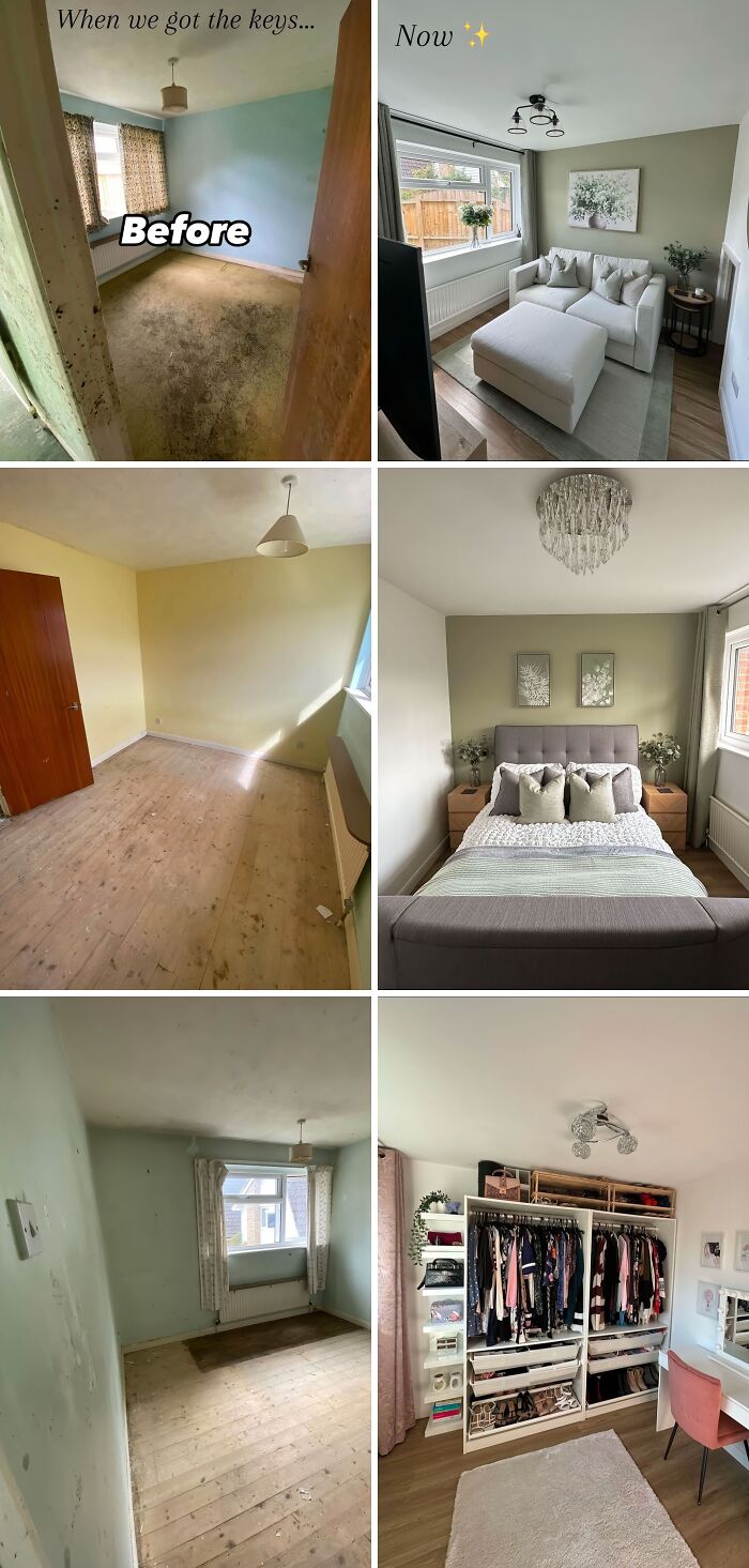 Before and after home renovations showcasing stunning transformations and stylish interior design in living and bedroom spaces.