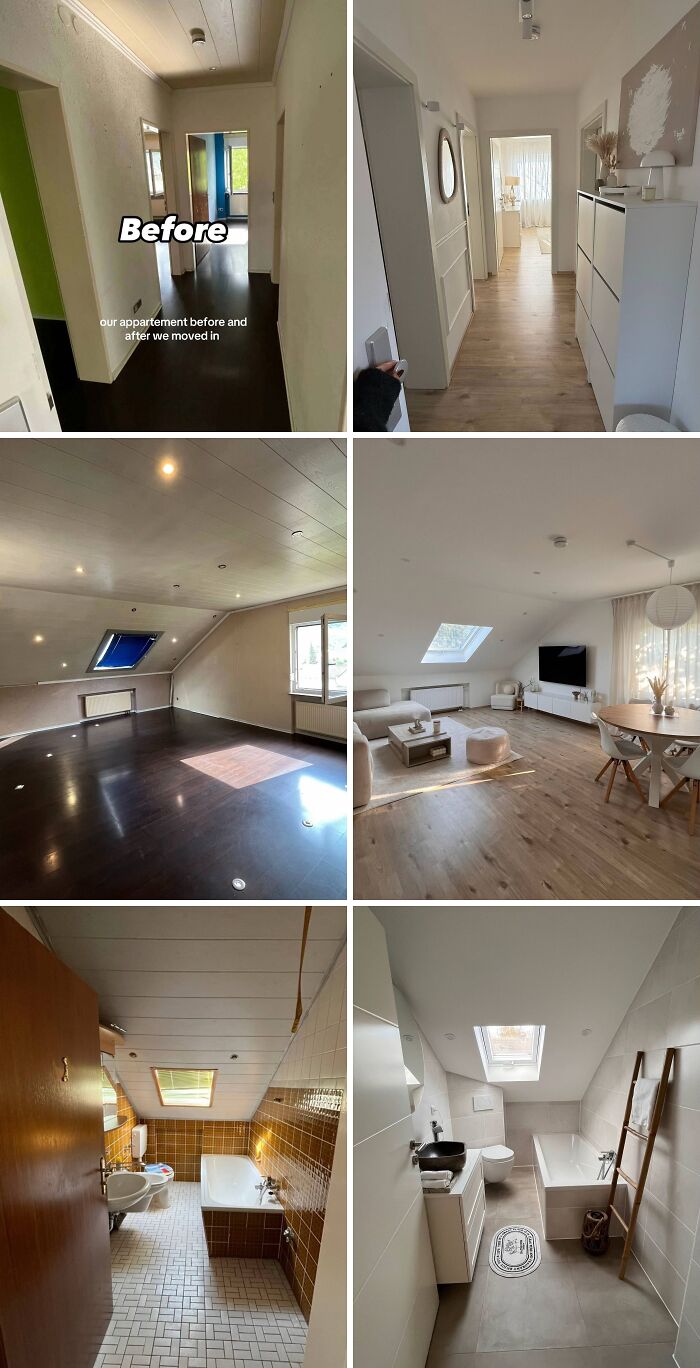 Before and after home renovation photos showing modernized interiors with updated flooring, lighting, and decor in renovated homes.