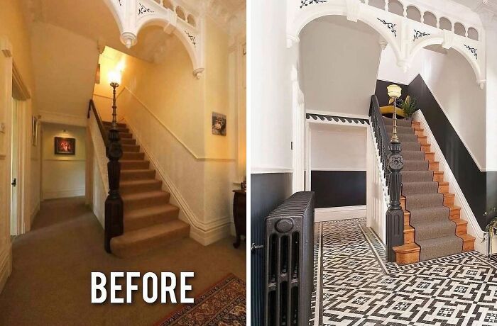 Before and after home renovation showing a staircase transformed with modern flooring and stylish black and white design.