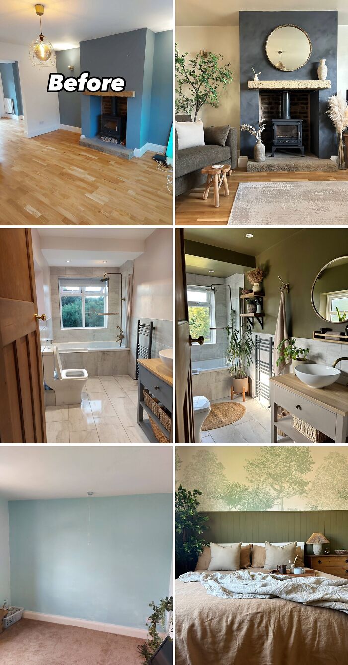 Before and after home renovation photos showing living room, bathroom, and bedroom transformations with stylish decor and design.