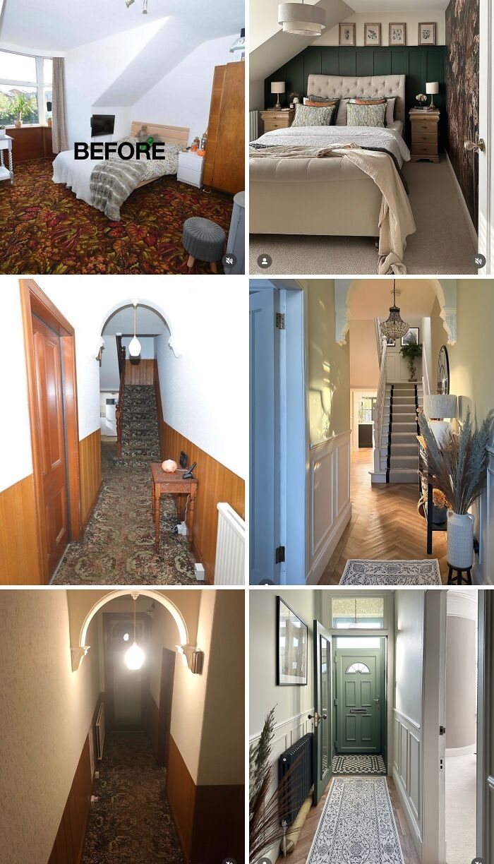 Before and after images showcasing impressive home renovations with modern interior design and stylish updates.