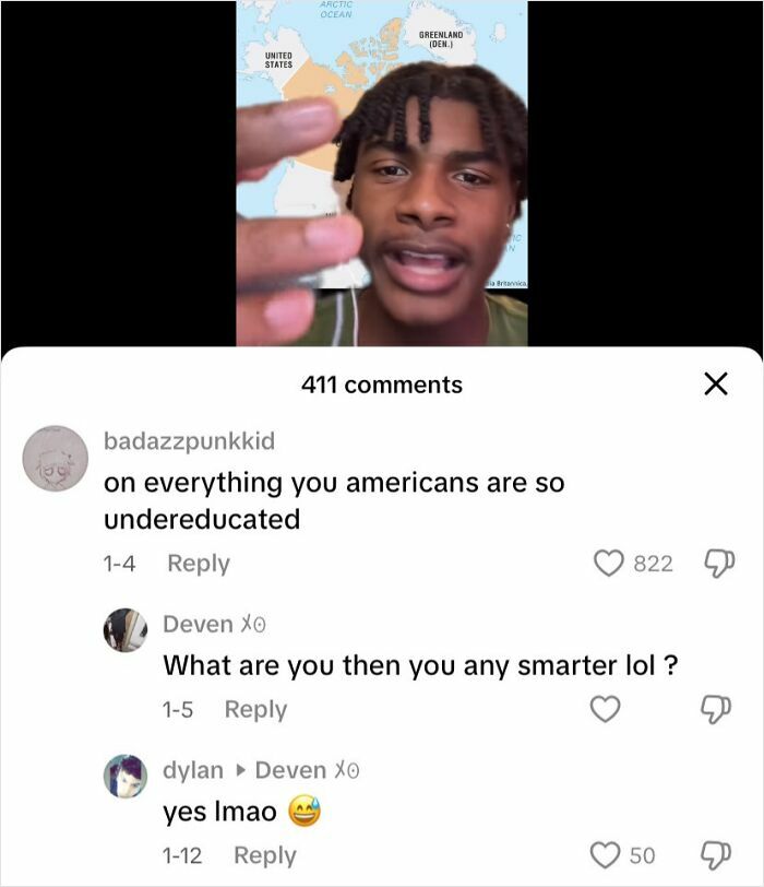 Young man speaking in front of a map, with comments roasting America, highlighting Canada roasted America moments.