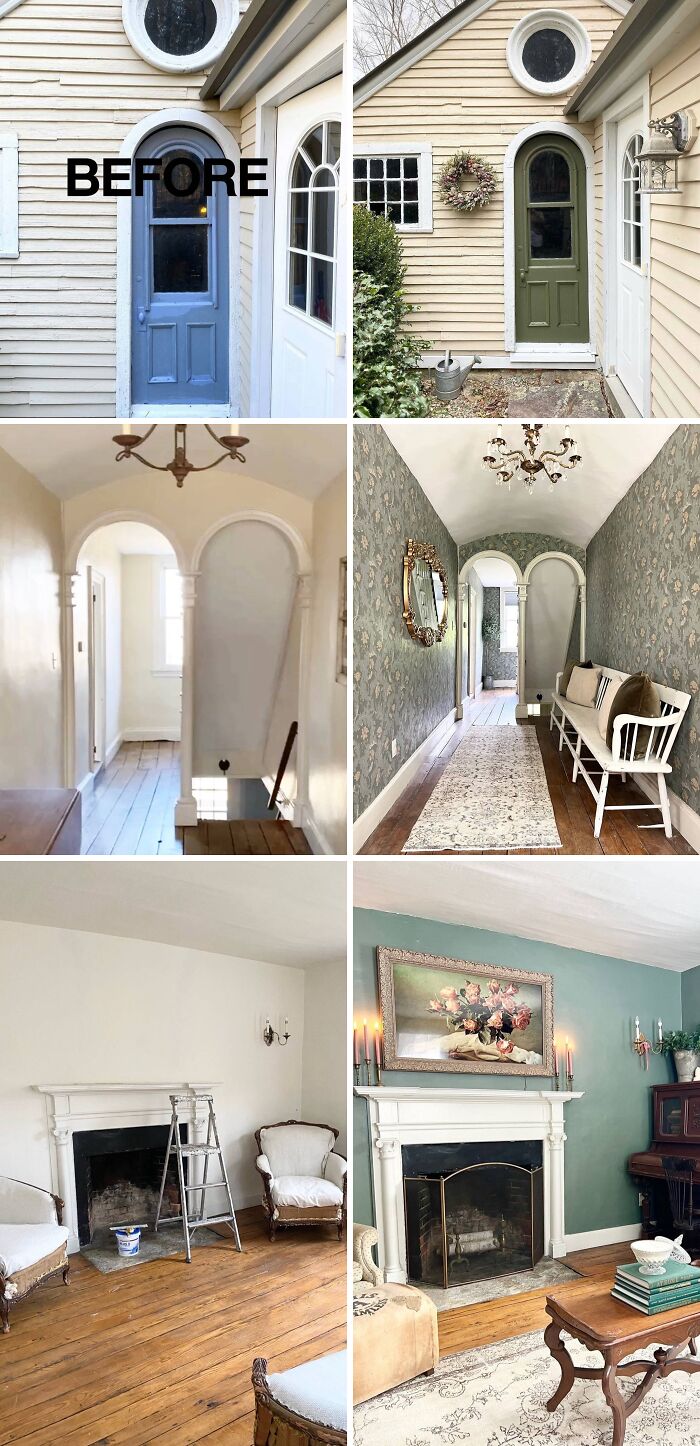 Before and after home renovation showing updated exterior door, hallway with wallpaper, and living room with fireplace and decor upgrades