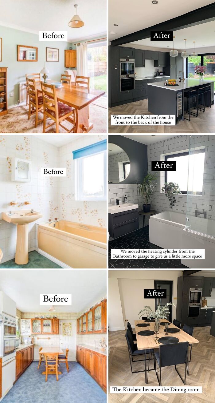Before and after home renovations showing modern kitchen, bathroom, and dining room transformations in impressive home renovations.