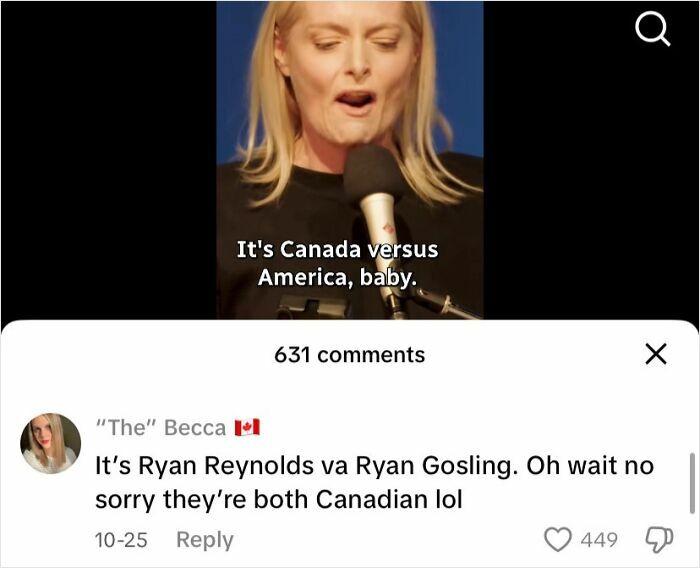 Woman speaking into a microphone with text about Canada versus America, highlighting Canada roasting America humorously.