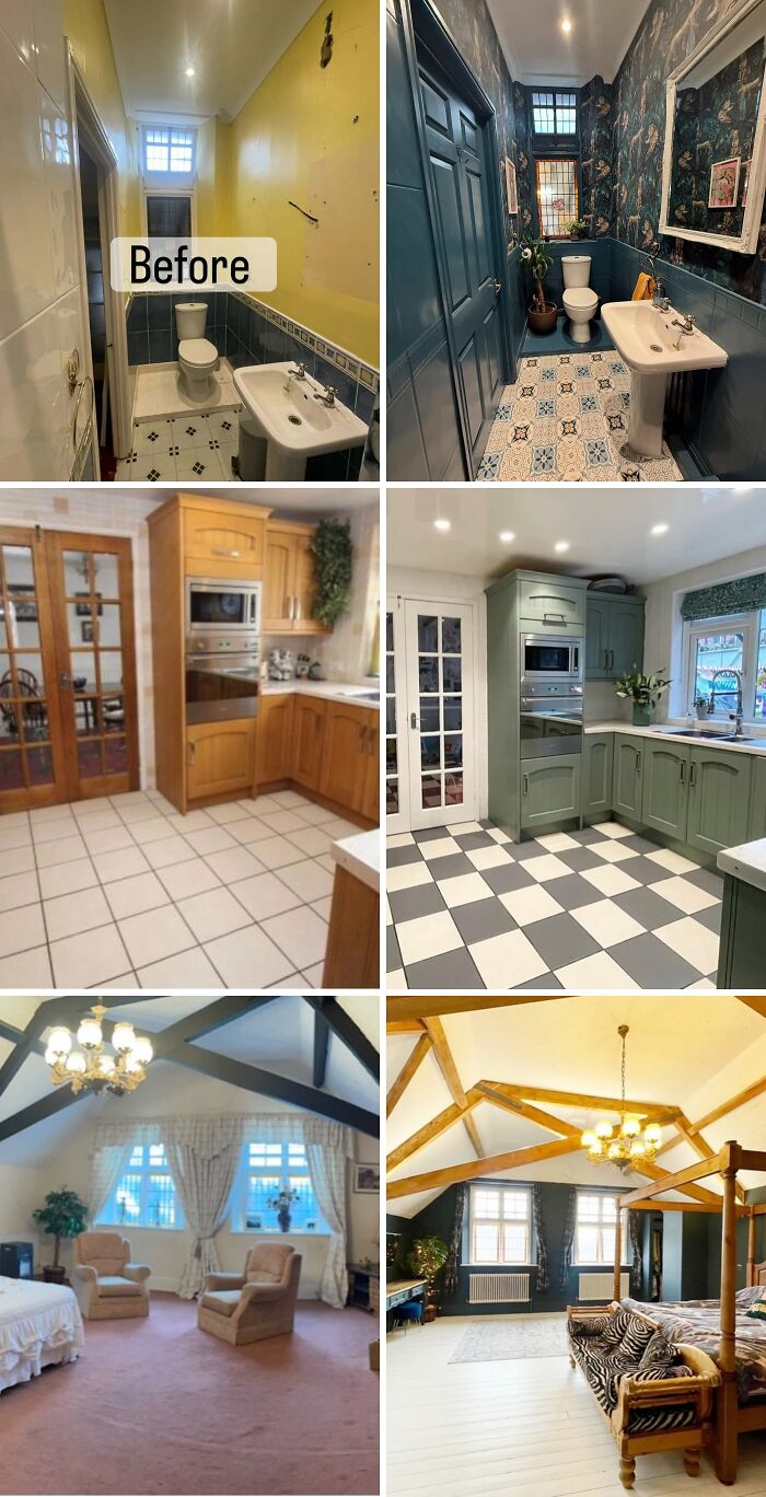 Bathroom, kitchen, and bedroom before and after home renovation showing impressive home renovation transformations.