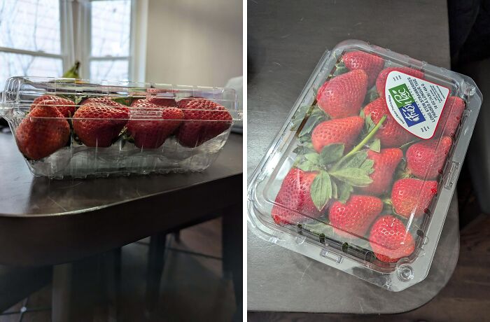 Strawberries in misleading packaging with extra empty space highlighting deceptive product marketing by companies.