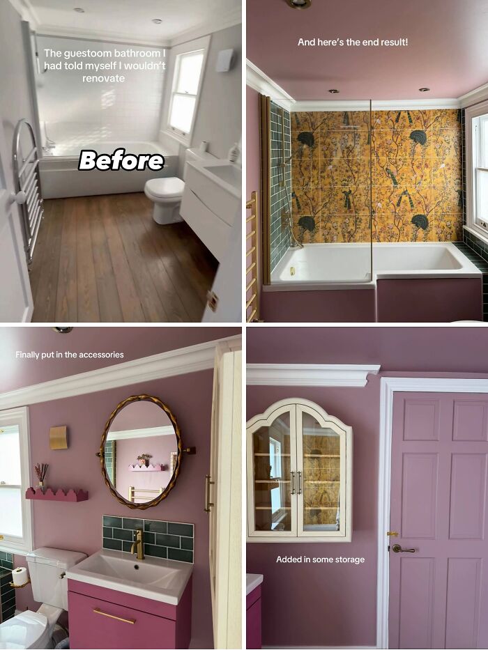 Before and after home renovation showing a beautifully updated bathroom with stylish walls and new storage.