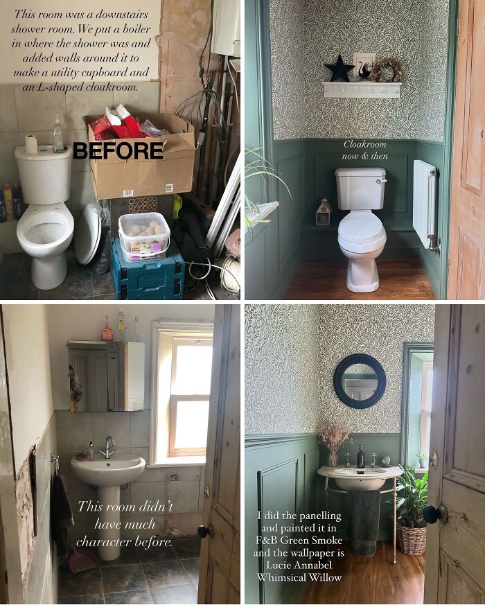Before and after home renovation showing a remodeled bathroom and cloakroom with paneling and wallpaper details.