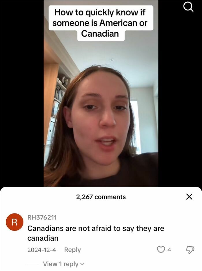 Woman explaining how to quickly know if someone is American or Canadian in a Canada roasted America video.