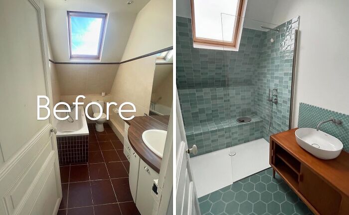 Bathroom renovation showing before and after with modern tiles, fixtures, and improved layout in a home renovation project.