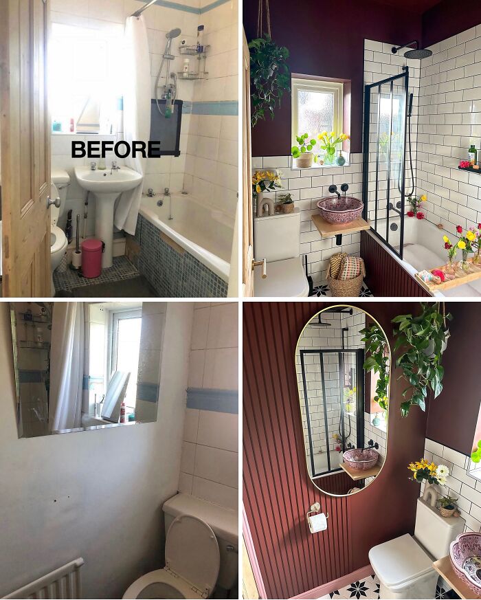 Bathroom renovation showing a modern stylish home with tiled walls, plants, and updated fixtures in home renovation ideas.