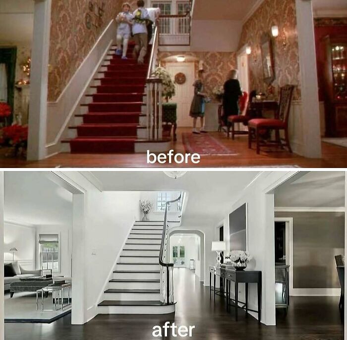 Before and after photos of a modern home renovation showing a transformed staircase and living area with sleek design.