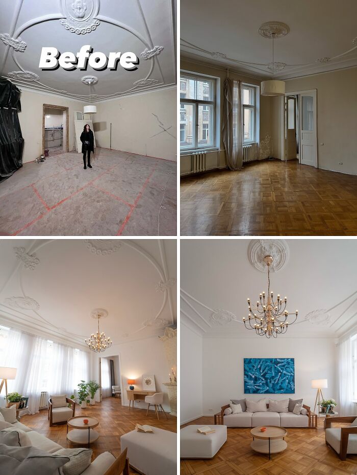 Before and after home renovation showing transformation of an empty room into a stylish, bright living space with chandelier.