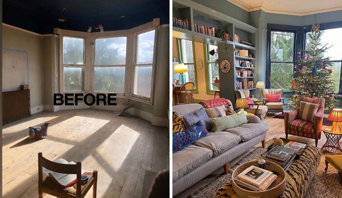 Home renovation before and after showing a bright, cozy living room with bookshelves and holiday decorations.
