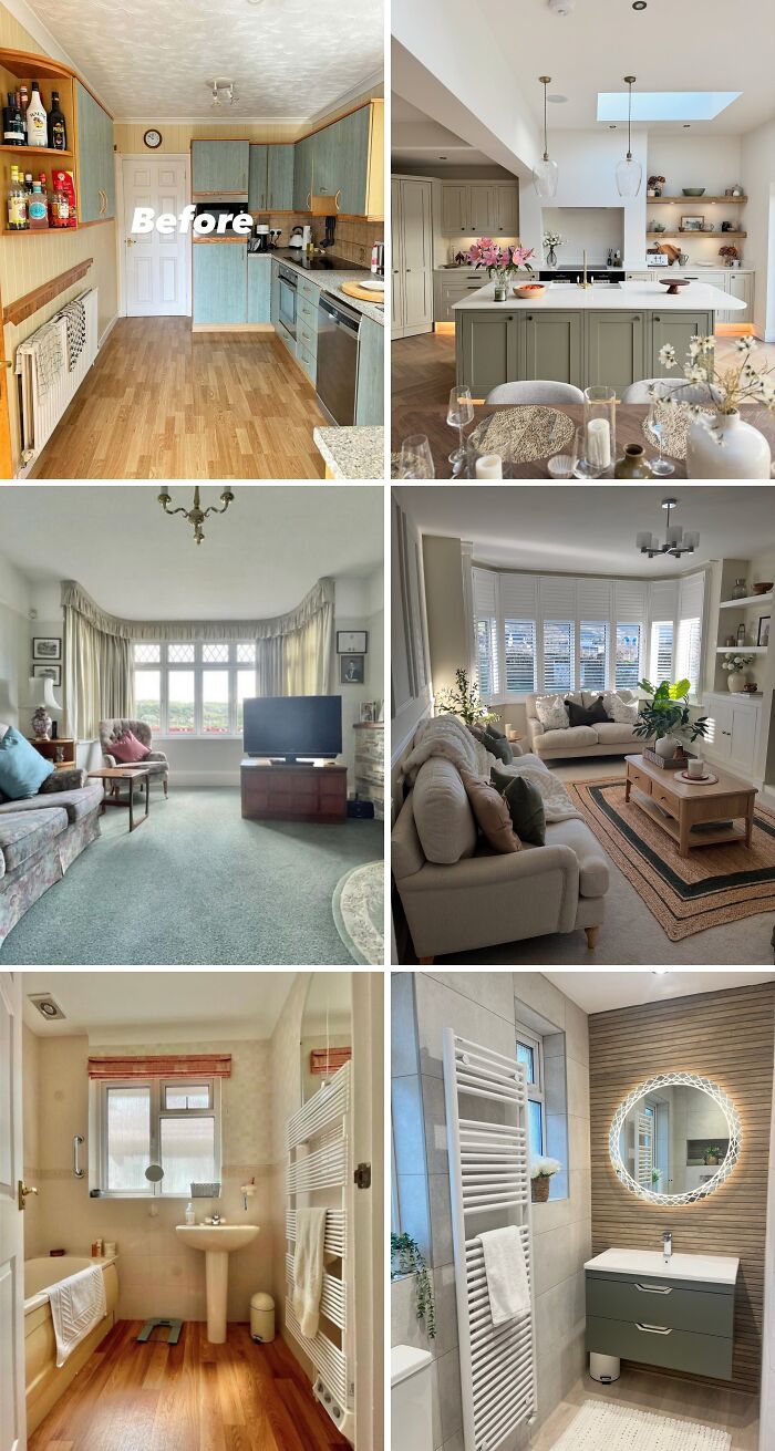 Before and after home renovation showing modern kitchen, cozy living room, and stylish bathroom upgrades reflecting impressive transformations.