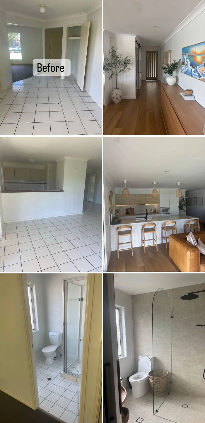 Home renovation showing modern kitchen, hallway, and bathroom updates with stylish flooring and fixtures.