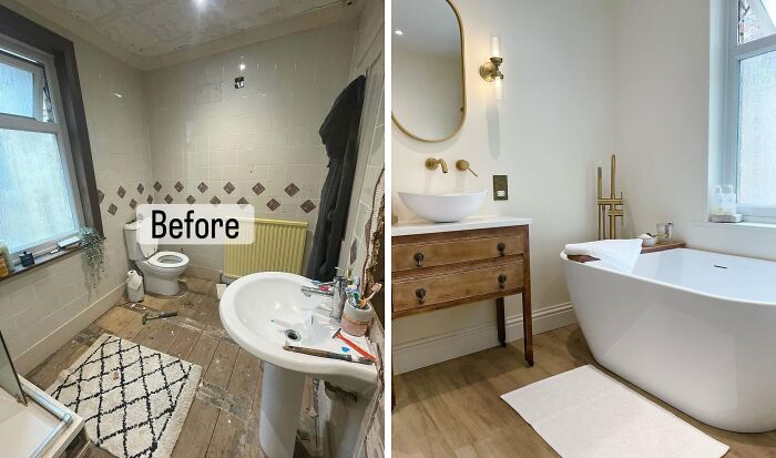 Old bathroom transformed into a modern spa-like space with new fixtures in impressive home renovation before and after.