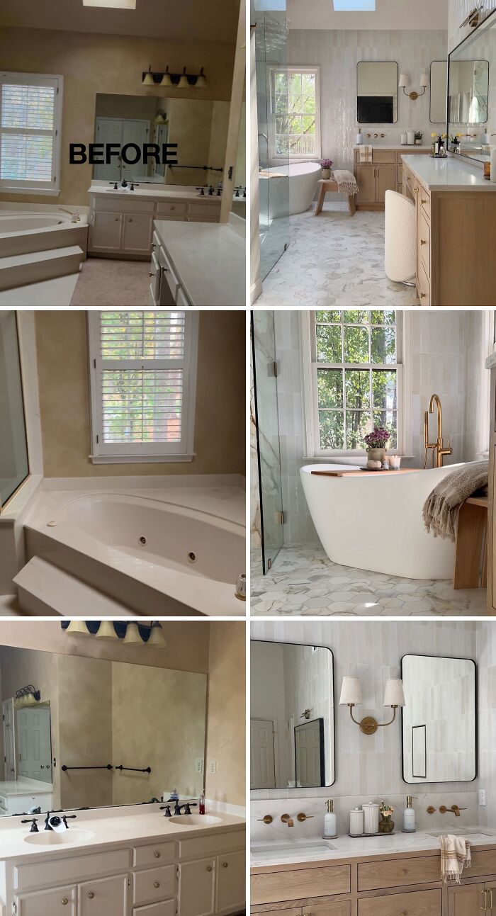 Bathroom renovation with modern fixtures and elegant design showing before and after home renovation transformation.