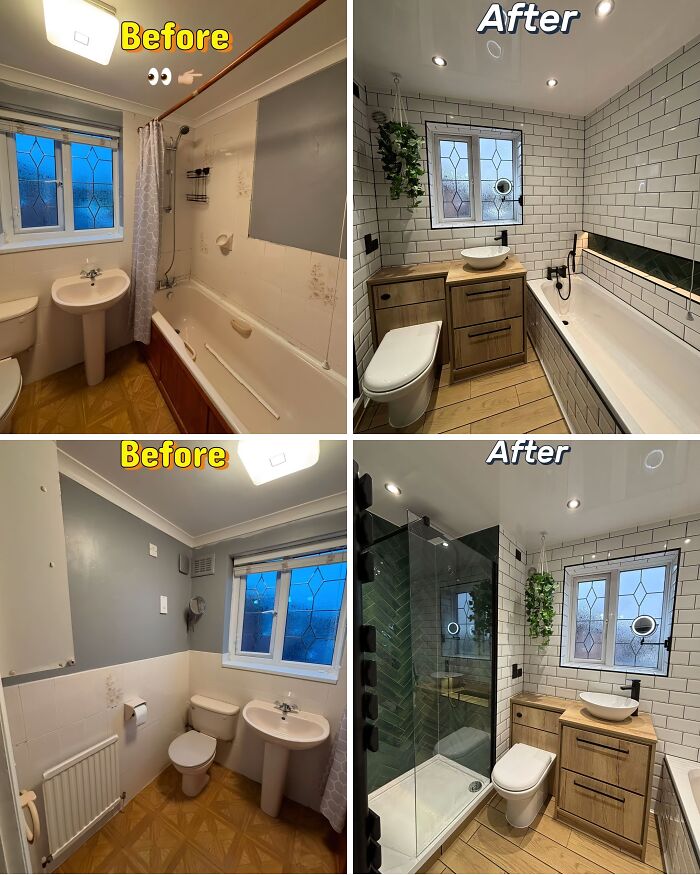 Modern bathroom renovation with sleek tiles, wooden cabinetry, and updated fixtures showcasing impressive home renovation results.