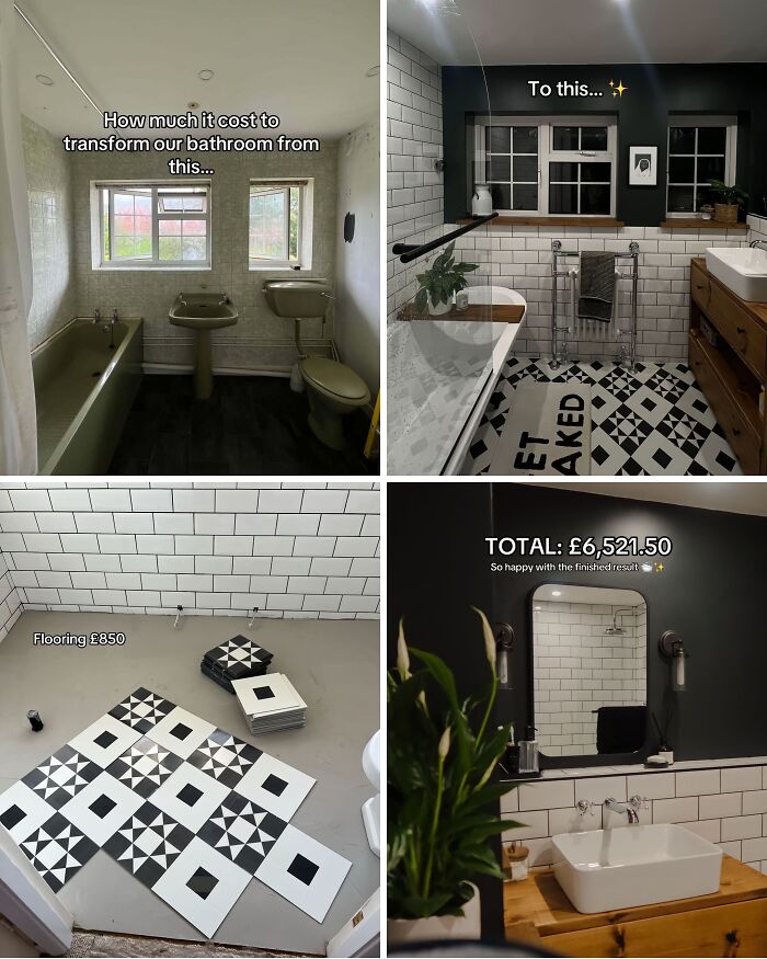 Bathroom renovation before and after showing modern tile flooring and stylish home renovation improvements.