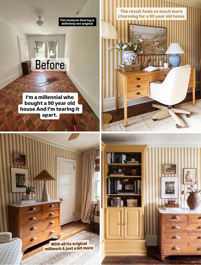 Before and after home renovation showing a 90-year-old house transformed with original millwork and updated decor.