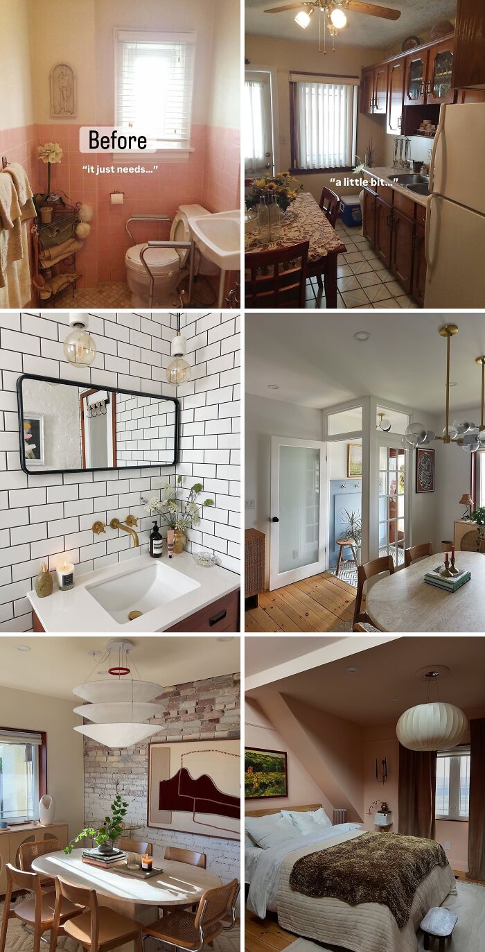 Before and after home renovation photos showcasing impressive transformations in bathroom, kitchen, dining, and bedroom spaces.
