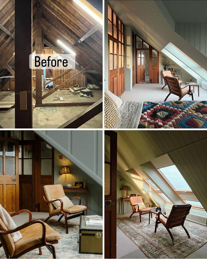 Renovated attic home transformation showing before and after with stylish furniture and cozy interior design.