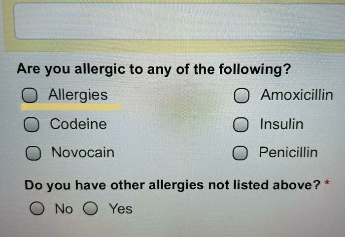 Allergy form screen showing a funny example of not my job attitude with redundant allergy checkbox.