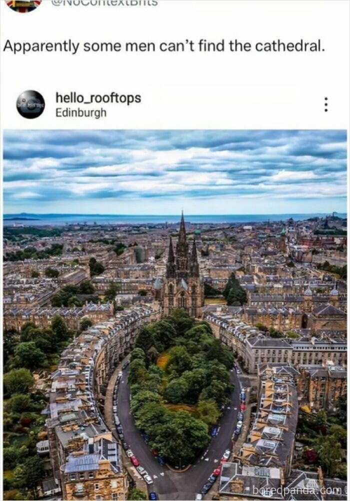 Aerial view of Edinburgh cathedral surrounded by curved streets in a hilarious Scottish post shared online.