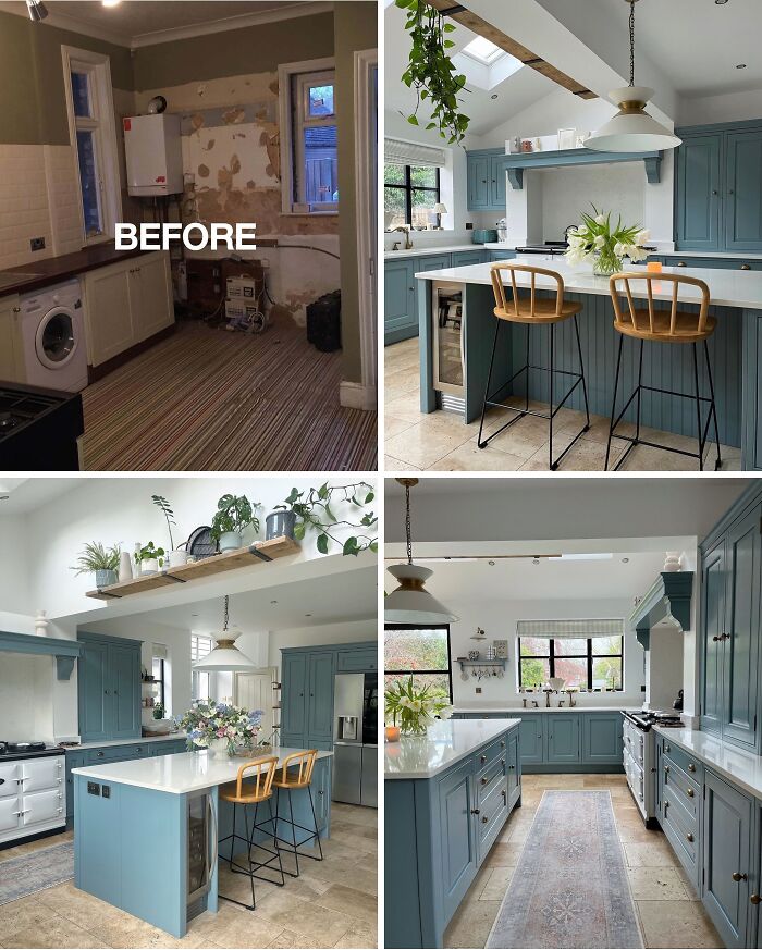 Before and after home renovation showing a modern kitchen with blue cabinets, island, and stylish bar stools.